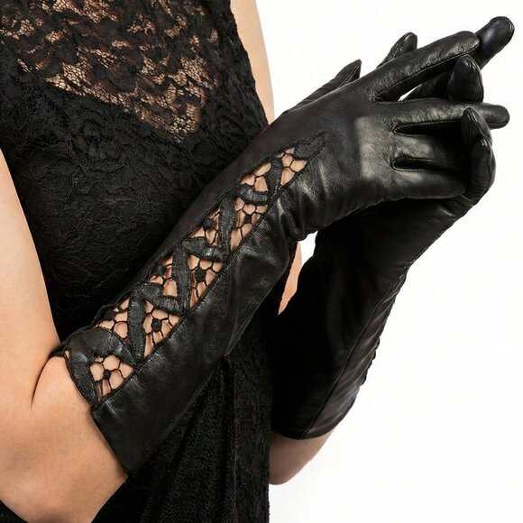 Vintage Accessories - Vintage Long Black Leather & Lace Opera Gloves Victorian Retro Gothic Glam Small